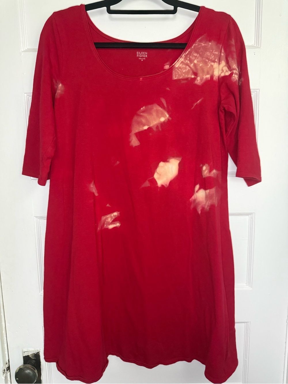 Eileen Fisher Red Scoop-Neck Tunic with Bleach-Spot Accents Grunge Cotton M